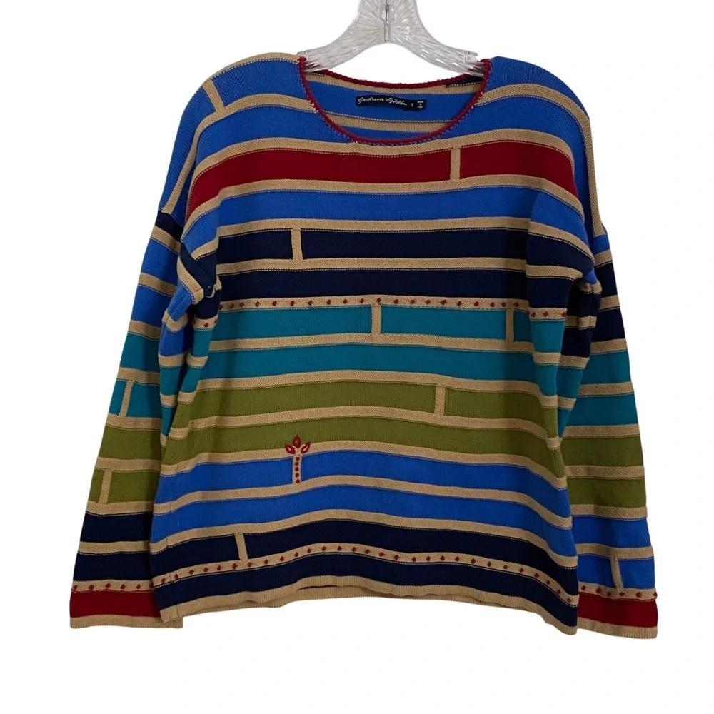 Gundrun Sjoden Striped Knit Sweater Small Organic Cotton Colorful Holiday - Picture 1 of 7